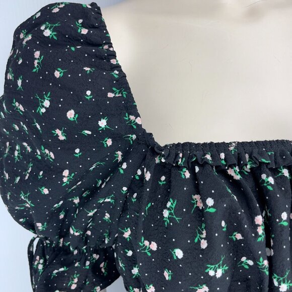 DIVIDED Peplum Peasant Whimsigoth Floral Puff Shoulders Ruched Black Top Sz S - Picture 6 of 6